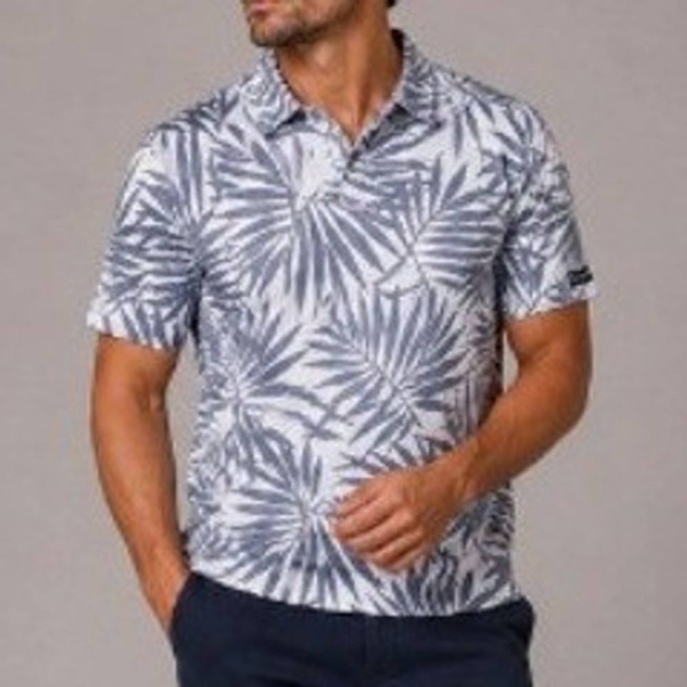 SandyGolf Men's Grey Tropical Palm Leaf Print Performance Polo Shirt Size S